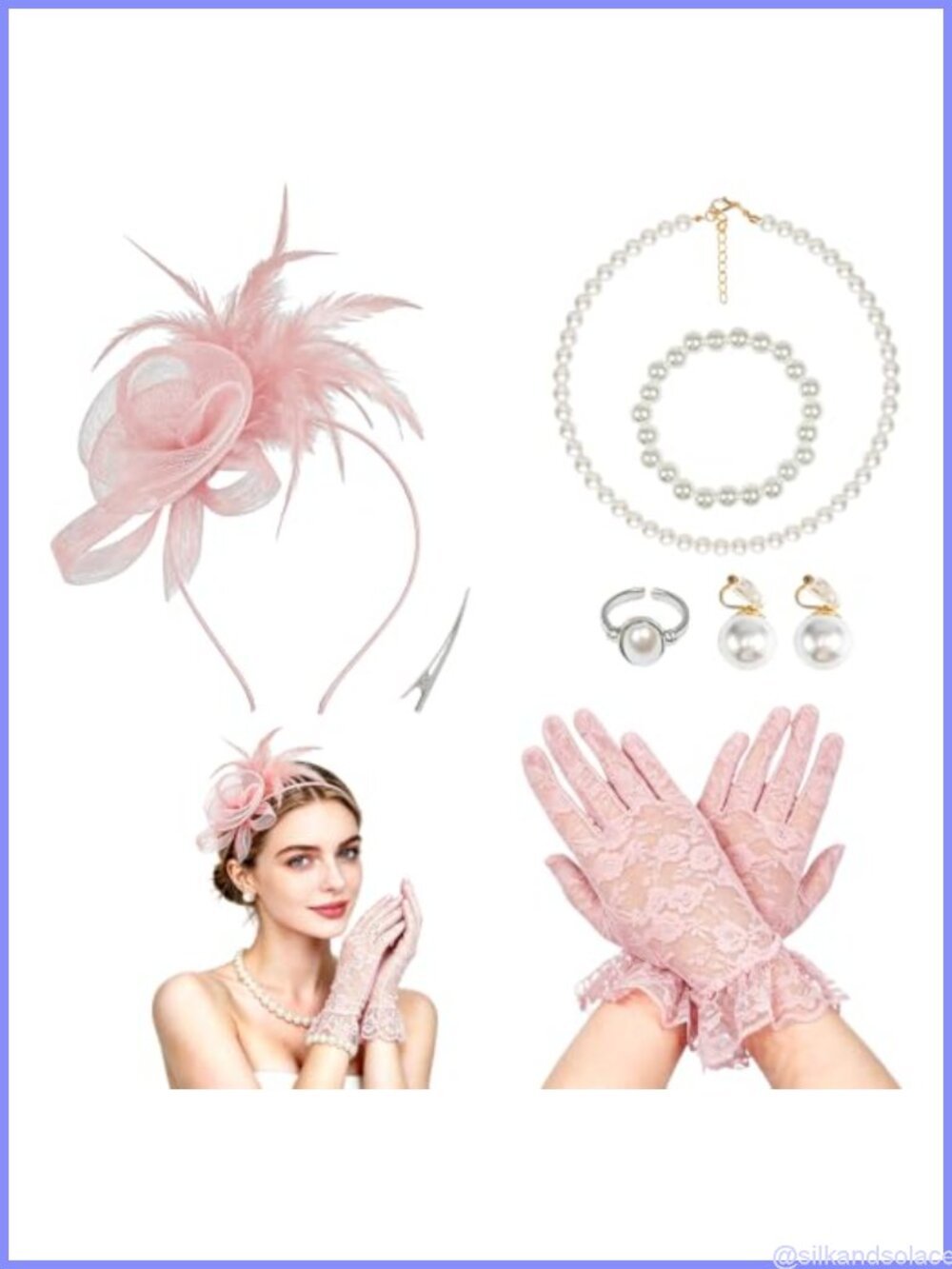 Women's Feather Fascinator & Pearl Jewelry Set with Gloves Tea Party Hat